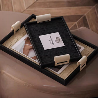 Woven Leather Tray with Handles | Black Rim, Cream Handles | Rectangular Entry & Vanity Catchall