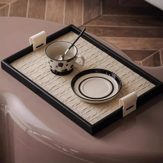 Woven Leather Tray with Handles | Black Rim, Cream Handles | Rectangular Entry & Vanity Catchall