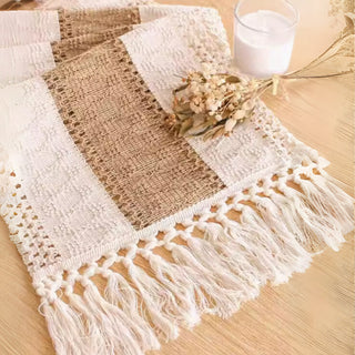 Woven Patchwork Table Runner | Jute & Macrame with Tassels | Boho & Rustic Farmhouse Decor