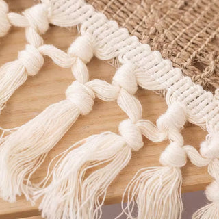 Woven Patchwork Table Runner | Jute & Macrame with Tassels | Boho & Rustic Farmhouse Decor
