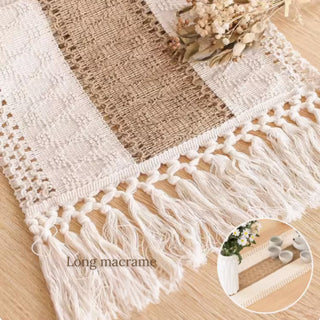 Woven Patchwork Table Runner | Jute & Macrame with Tassels | Boho & Rustic Farmhouse Decor