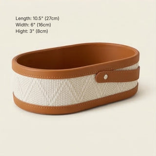 Woven & Leather Handled Caddy | Diamond‑Weave Body | Oval Carry Basket Organizer