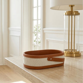 Woven & Leather Handled Caddy | Diamond‑Weave Body | Oval Carry Basket Organizer