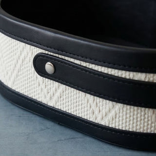 Woven & Leather Handled Caddy | Diamond‑Weave Body | Oval Carry Basket Organizer