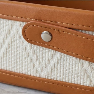 Woven & Leather Handled Caddy | Diamond‑Weave Body | Oval Carry Basket Organizer