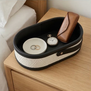 Woven & Leather Handled Caddy | Diamond‑Weave Body | Oval Carry Basket Organizer