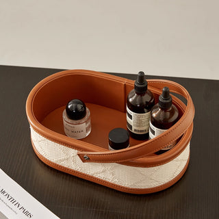 Woven & Leather Handled Caddy | Luxury‑Inspired | Oval Carry Basket Organizer