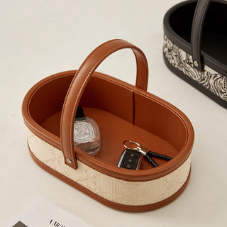 Woven & Leather Handled Caddy | Luxury‑Inspired | Oval Carry Basket Organizer