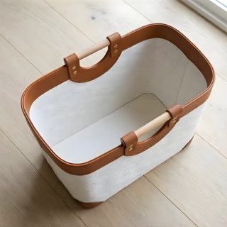Woven & Leather Oval Storage Basket | Luxury Blanket Basket | Catchall Tray with Wood Handles