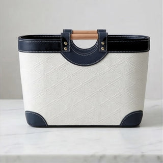 Woven & Leather Oval Storage Basket | Luxury Blanket Basket | Catchall Tray with Wood Handles