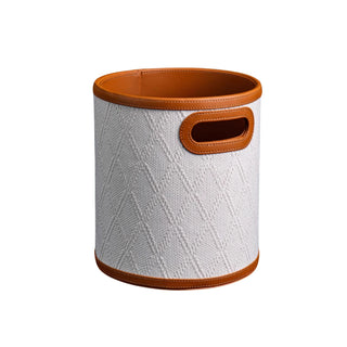 Woven & Leather Round Storage Bin | Luxury‑Inspired | Bucket Basket with Handle