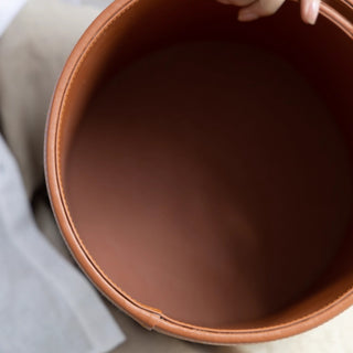 Woven & Leather Round Storage Bin | Luxury‑Inspired | Bucket Basket with Handle
