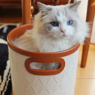 Woven & Leather Round Storage Bin | Luxury‑Inspired | Bucket Basket with Handle