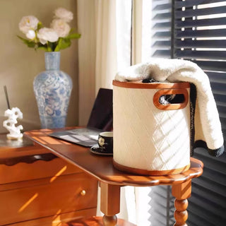 Woven & Leather Round Storage Bin | Luxury‑Inspired | Bucket Basket with Handle