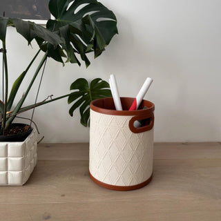 Woven & Leather Round Storage Bin | Luxury‑Inspired | Bucket Basket with Handle