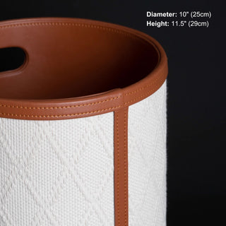 Woven & Leather Round Storage Bin | Luxury‑Inspired | Bucket Basket with Handle