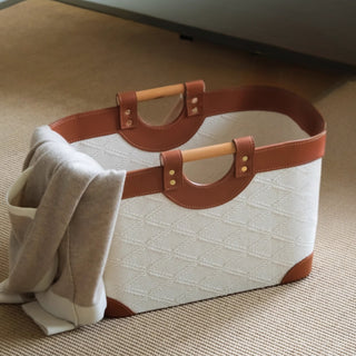Woven & Leather Oval Storage Basket | Luxury‑Inspired | Catchall Tray with Wood Handles