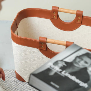 Woven & Leather Oval Storage Basket | Luxury‑Inspired | Catchall Tray with Wood Handles