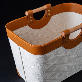Woven & Leather Oval Storage Basket | Luxury‑Inspired | Catchall Tray with Wood Handles